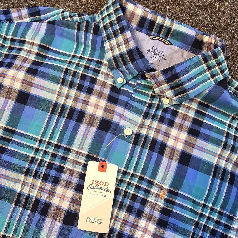 IZOD Saltwater Dockside Chambray Shirt Mens XL Blue Plaid Button Front NWT